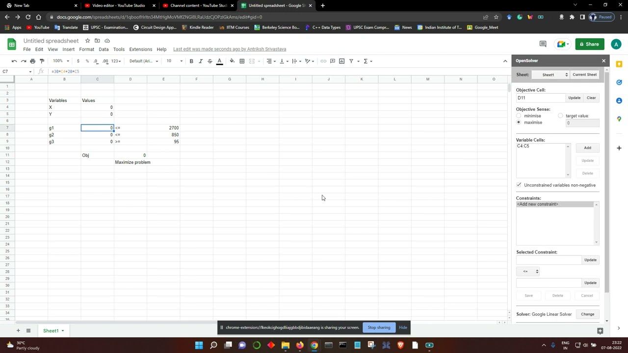 Google Sheet Free Linear Optimization tool (OpenSolver) (Optimization methods for CE)