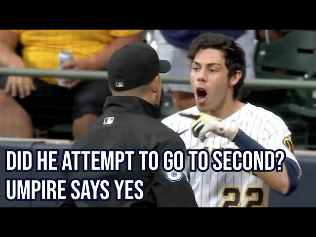 Ump says Yelich attempted to go to second and calls him out, a breakdown