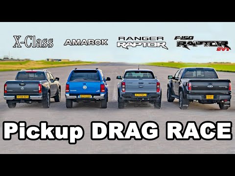 Ford F150 Raptor v Ranger Raptor v Mercedes X-Class v VW Amarok - DRAG RACE & ROLLING RACE