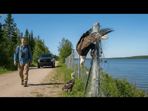 Man Rescues a Mother Bald Eagle Caught on a Fence – Her Chick Waits Below