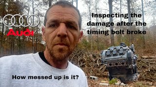 Audi A4 B6 2.7T inspecting the damage after a broken timing belt
