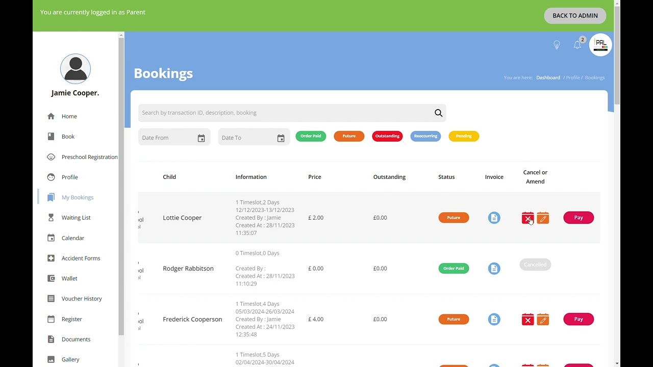 iPAL - Cancelling a day on a booking - Parents