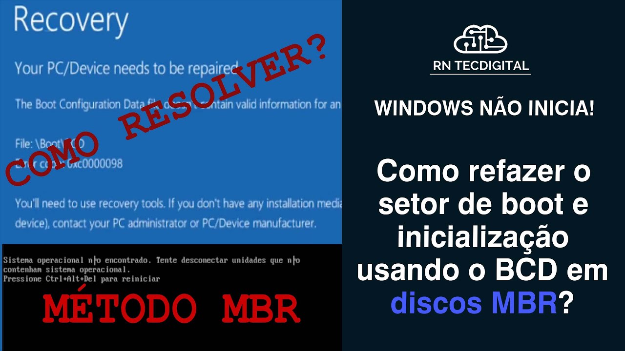 WINDOWS NÃO INICIA? Resolva criando o setor de boot e inicialização no comando BCD | para Discos MBR