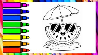 Cute Watermelon Beach Coloring Page for Kids | Summer Fruit Coloring Sheet