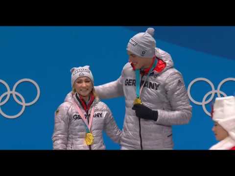 Aljona Savchenko and Bruno Massot-Winning Gold-Pyeongchang 2018 Olympics - Vicotory Ceremony - Pairs