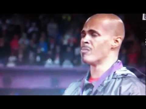 Felix Sanchez Dominican Republic at the medals ceremony getting a Gold Medal