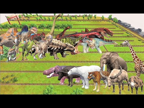 Animal vs. Dinosaur speed race. Fenced grassland field course! | Animal Revolt Battle Simulator
