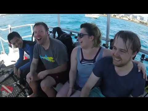 Two first-time SCUBA divers in blue ocean water during instruction phase near Honolulu, Oahu.