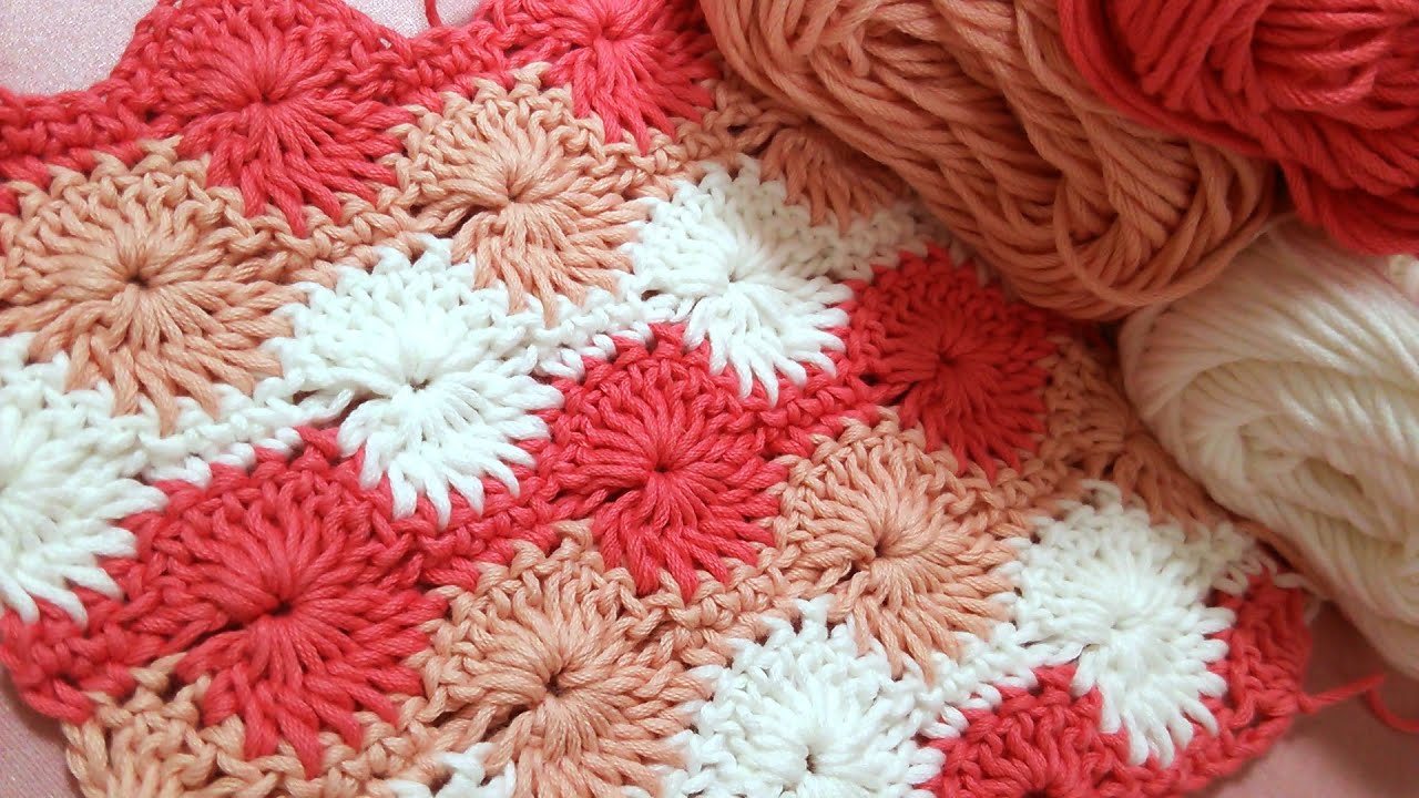フラワークロッシェの編み方(かぎ針編み) * How To Crochet * Catherine Wheel Stitch * ）おくるみやブランケットに (Swaddle/blanket)