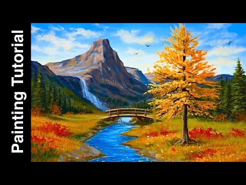 Mountain stream landscape painting, acrylic tutorial for beginners, step by step.