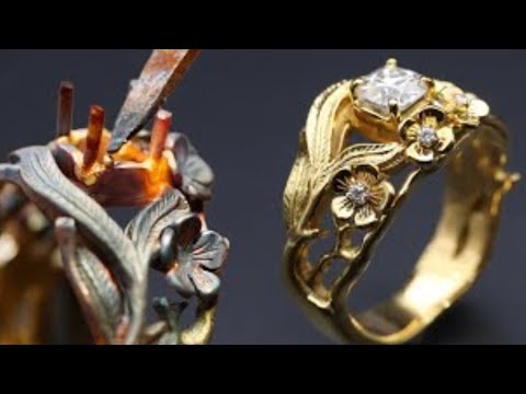 custom floral style engagement ring - making 18K gold engagement ring