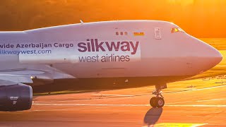 (4K) Beautiful 747-400F take-off during the GOLDEN hour! Silkway 747 at Liège airport
