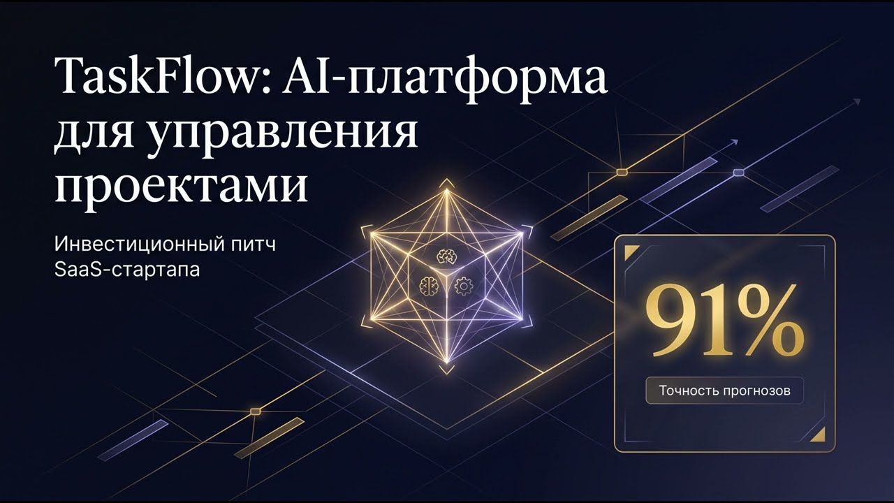 Питч-дек SaaS-стартапа в тёмном премиум-стиле: метрики MRR, churn rate, воронка продаж
