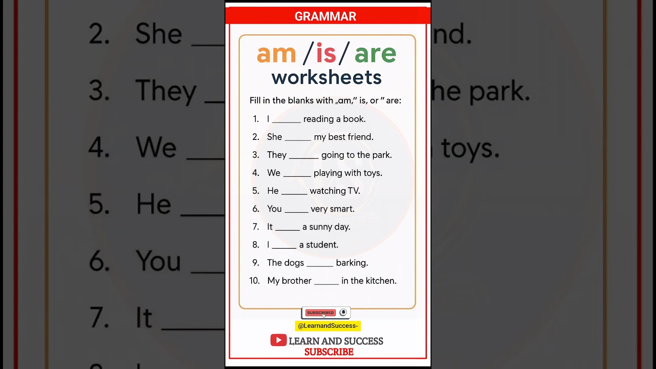 Am / Is / Are Grammar Worksheet | Learn Basic English with Learn and Success