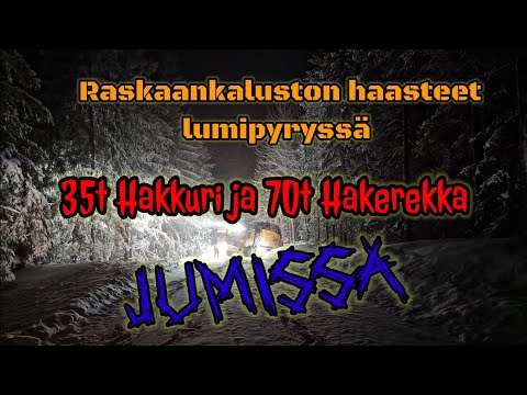 , title : '70t hakerekka ja 35t hakkuri jumissa mäessä - 35t Hackertruck and 70t truck stuck on slippery slope'