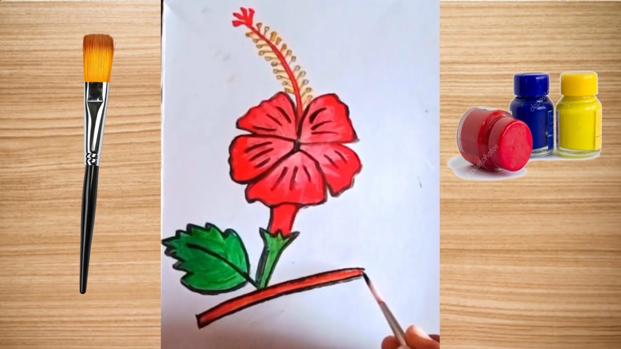 How to Draw Hibiscus flowers | Easy Colour Painting | Step by Step Red Hibiscus Flower Drawing | 