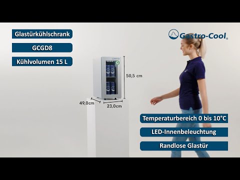 Schmaler Getränkekühlschrank mit Glastür extra klein und silberfarben GCGD8 235400