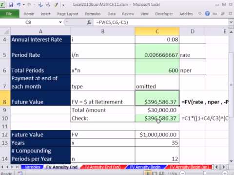 Excel 2010 Business Math 84: Annuities: FV, PV and PMT  for End & Begin (9 Examples)