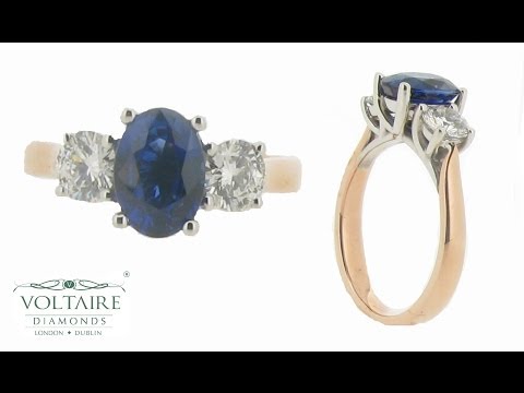ER 1189 Oval Sapphire with Round Brilliants Three Stone Rose and White Gold Engagement Ring