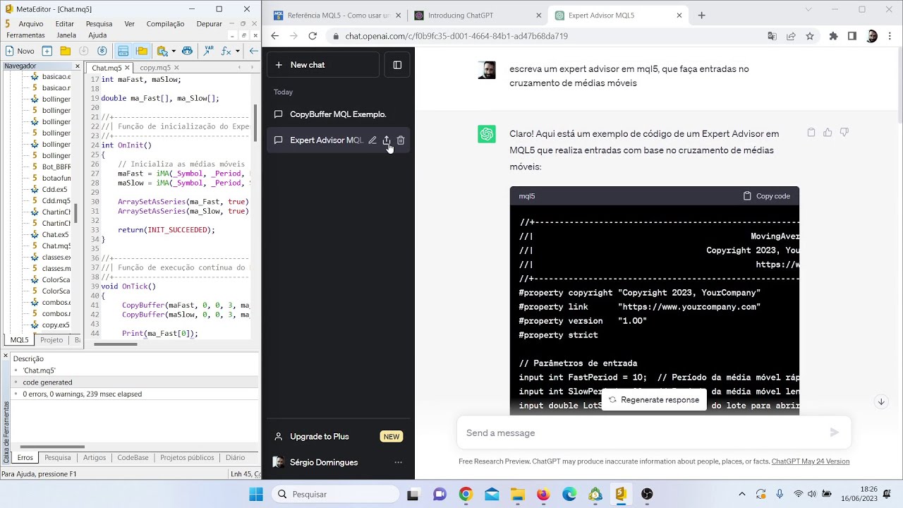 Parte 1 - Vamos criar um Robô de cruzamento de médias em MQL5 no ChatGPT!!!