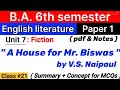 A House for Mr. Biswas by V. S. Naipaul | summary | english literature ba 6th semester | unit 7