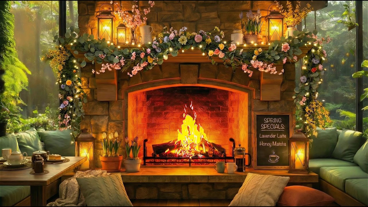 Cozy Spring Fireplace 24/7 🔥 Fireplace Crackling | Relaxing Spring Jazz Music