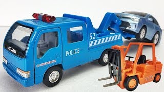 はたらくくるま レッカー車とフォークリフトのお仕事を見てみるよ!駐車違反の車でパトレンジャーとルパンレンジャーが遊べないから助けて!子供向け 幼児向け