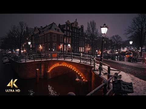 Snowy Night Walk in Amsterdam • Slow TV 4K