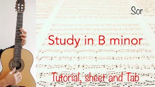 Study in B minor (F. Sor), Guitar lesson, sheet and Tab