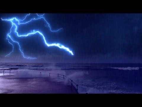 2 Hours of Sound of Heavy Rain and Thunder, Strong Storm with HD Sea Waves, Relax and Sleep
