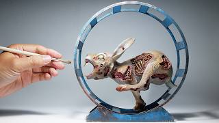 Diorama of a Zombie Rabbit Running on a Wheel