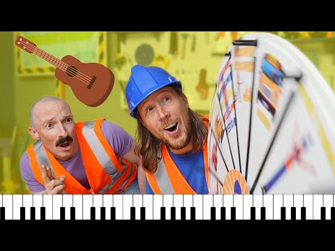 Two construction workers in orange safety vests lean toward a large prize wheel, a cartoon guitar sticker floating overhead, and a piano keyboard at the bottom edge for a playful scene.