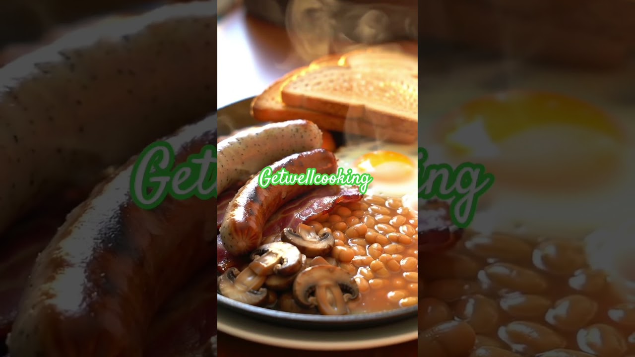 Full English Breakfast #sizzle #sausage #bacon #eggs #beans #mashroom ,#toast