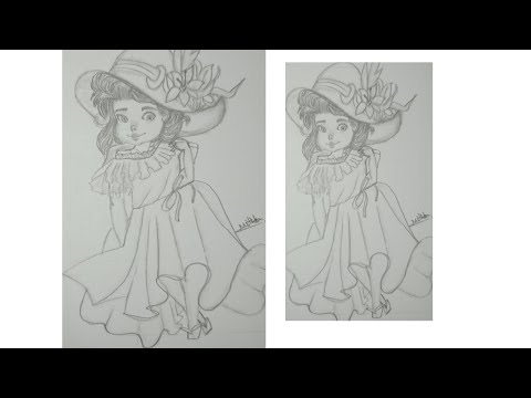 A little girl with a flower hat pencil drawing/step by step for beginners/how to draw a little girl