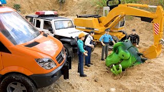 Truck carrying the dinosaur encountered a problem and was rescued by a police vehicle