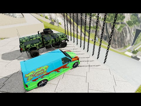 Crazy Vehicle Stairs Jumps Down With Vertical Giant Chain & New Car Jump Arena Map - BeamNG drive