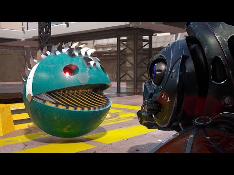 Pacman, Robot Chain Chomp, and Walking Robot Pacman Battle to Escape the Labyrinth