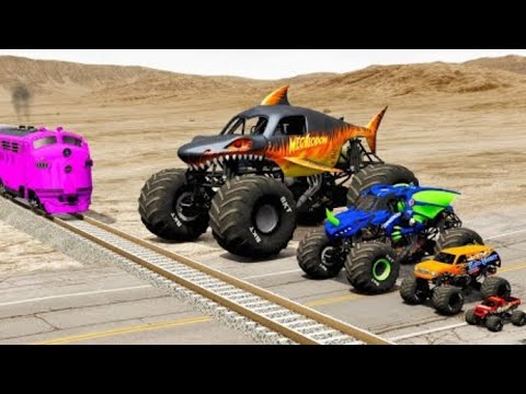BeamNG Drive | Small to Giant Monster Trucks vs Train & Potholes Crash Challenge