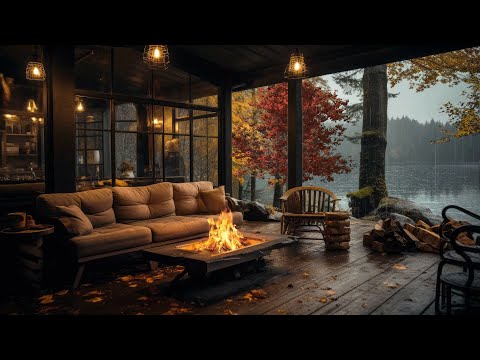 Otoño Acogedor porche de la casa del lago en una mañana lluviosa con chimenea y ambiente otoñal