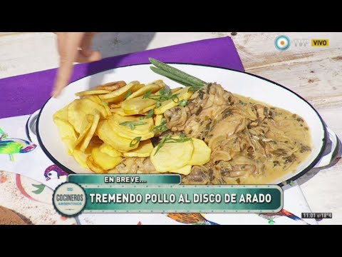 Pollo al verdeo con papas españolas en disco de arado