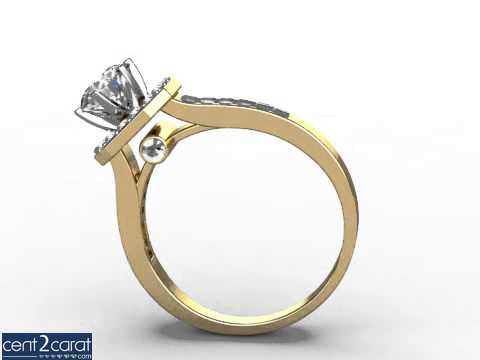 Halo Prong Solitaire Ring Mount with Side Diamonds, 18K Yellow Gold.