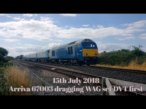 Prestatyn 15.7.2018 - Arriva Blue 67003 dragging WAG set DVT first RARE