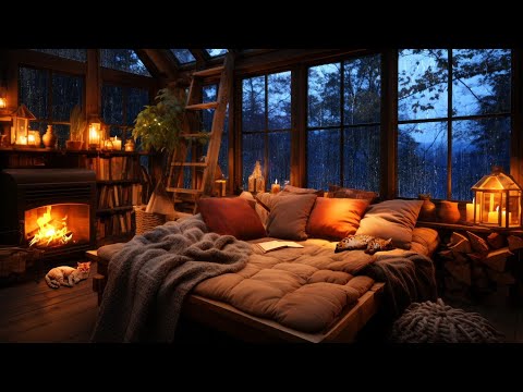 Thunderstorm with Lightning, Rain on Window and Gentle Crackling Fire in a Cozy Bedroom Ambience