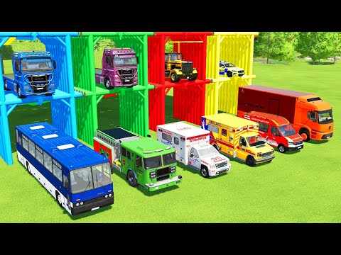 TRANSPORTING BUS, FIRE DEPARTEMENT, FIRE TRUCK, POLICE CAR WITH CARRIER TRUCK | Farming Simulator 22