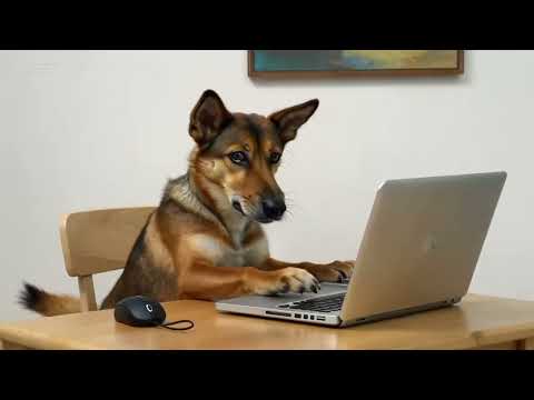 A dog is Working on her work laptop