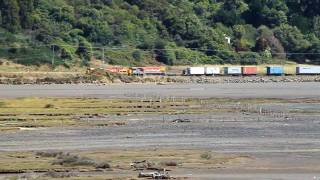 preview picture of video 'DXC5189 & DFT7008 KiwiRail Southbound across the Bay at Waitati'