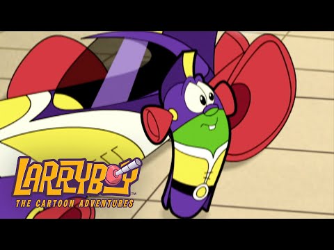 LarryBoy from The Cartoon Adventures lying on a tiled floor in a purple suit and cape, with a surprised expression and the show logo in the corner.