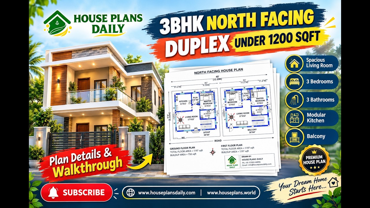 Best 3BHK North Facing Duplex Plan under 1200 sqft | Vastu Design