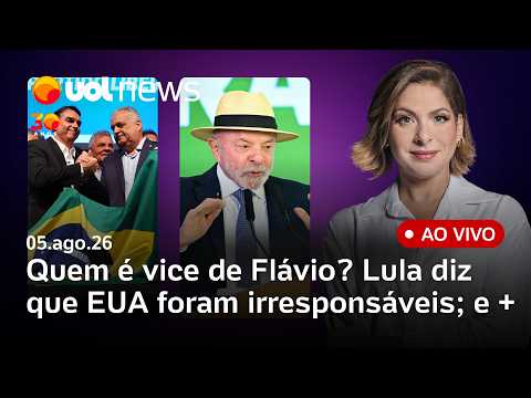 Daniela Lima ao vivo no UOL News: Flávio escolheu vice com ajuda de Lira; Lula critica EUA e mais
