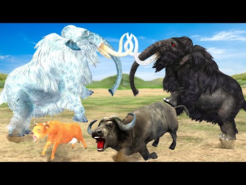 White Mammoth Vs Black Mammoth Attack Cow Cartoon Save by Woolly Mammoth Elephant Epic Battle